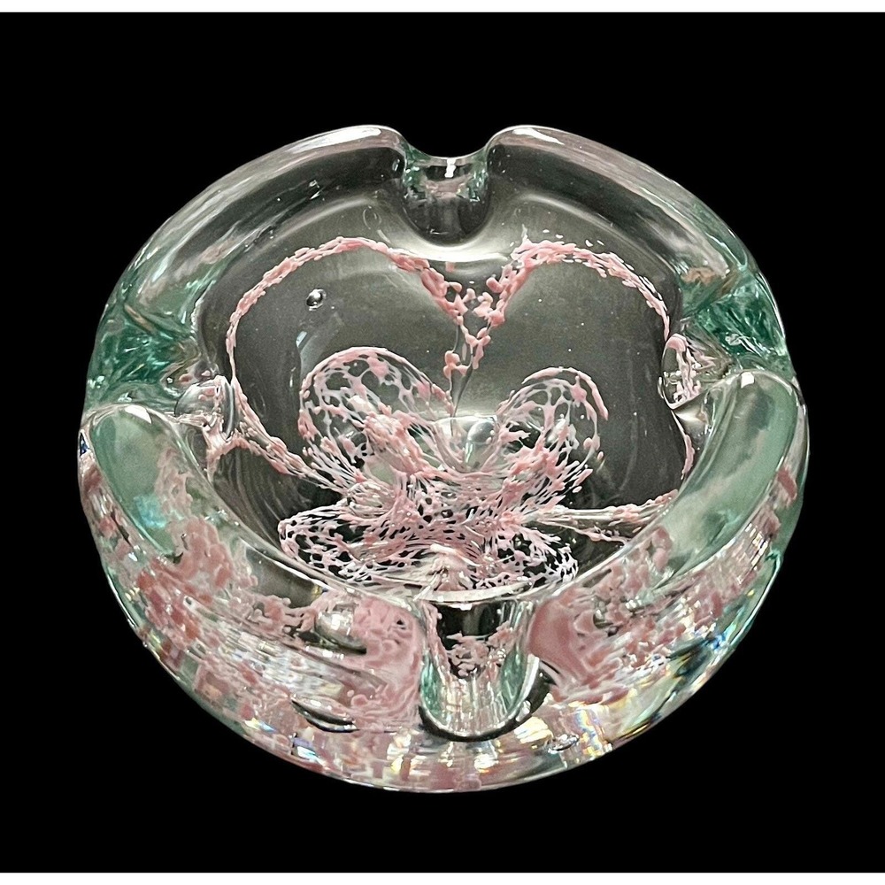 MCM Handblown Art Glass Ashtray Bowl Green Tinted Clear w/ Pink Floral Details